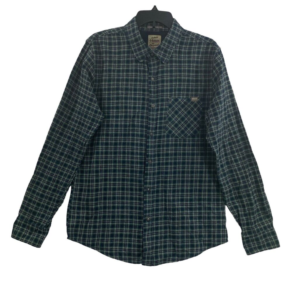 44mm Mens Flannel Button Shirt Legendary L Plaid Long Sleeve Cotton Blue Warm
